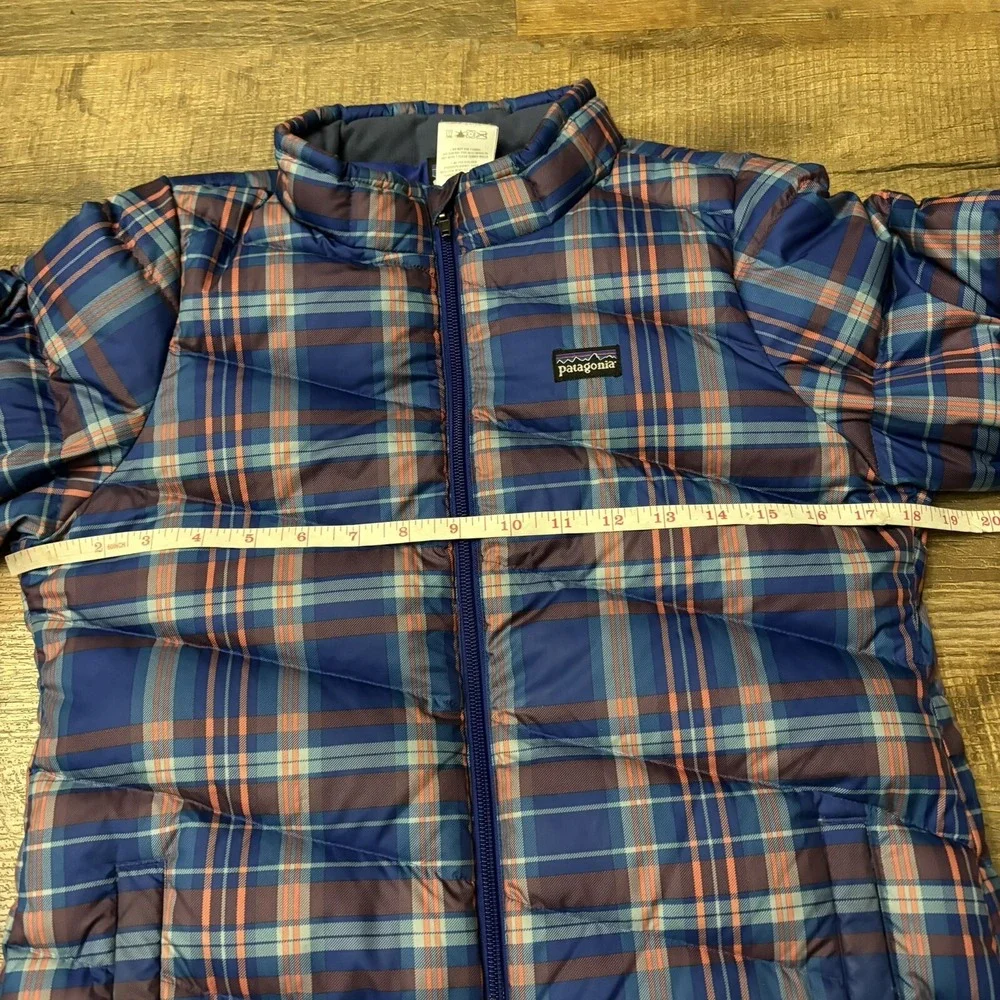 Patagonia Goose Down Jacket Girls Size XL (14) Plaid Blue Full Zip Winter 268265
